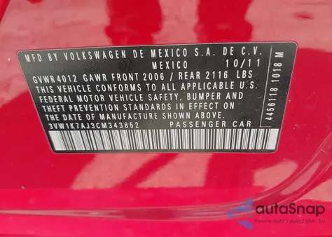 2012 Volkswagen Jetta 2.0L S from USA, damaged, VIN 3VW1K7AJ3CM343852